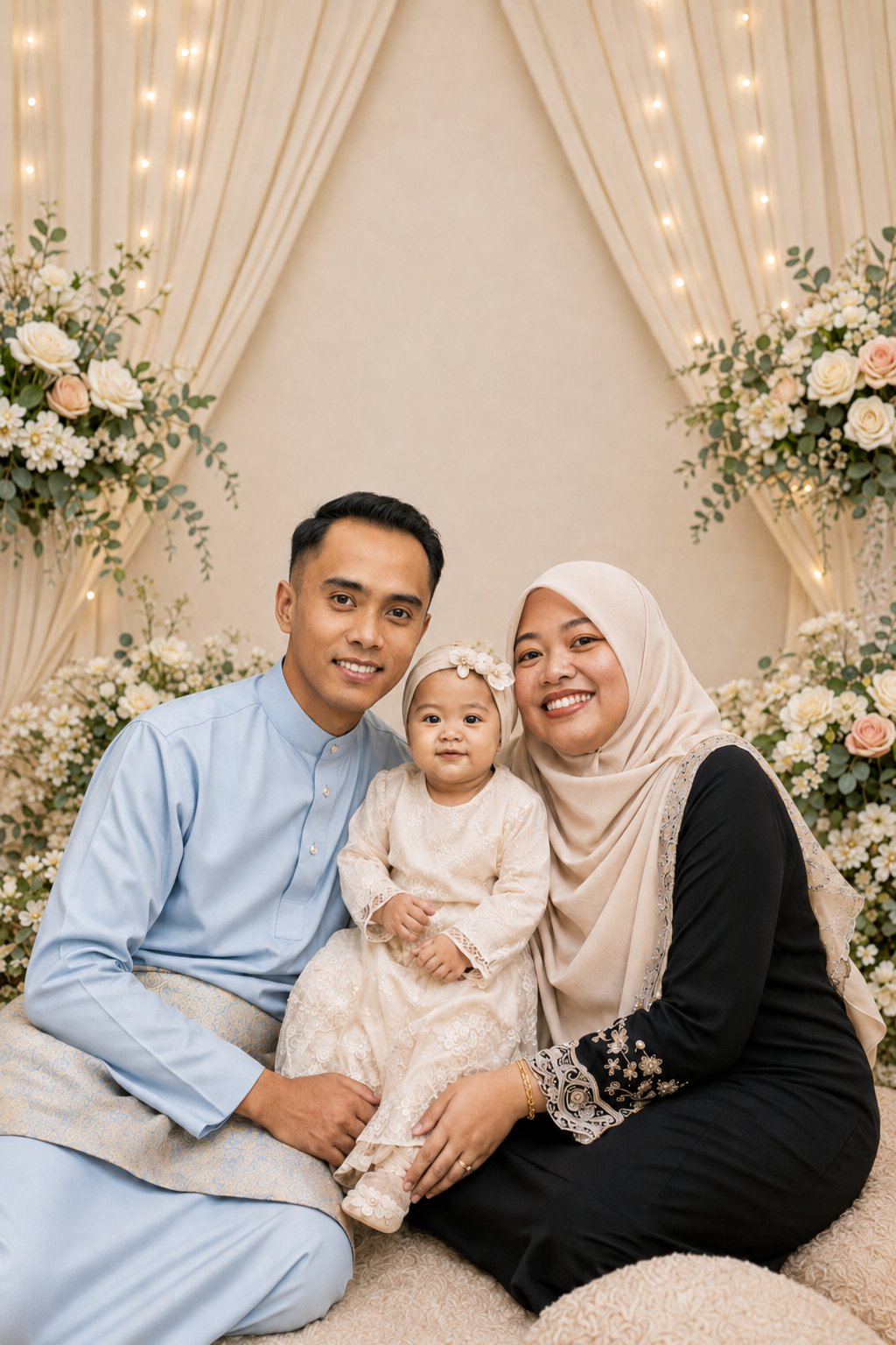 Keluarga Muslim Melayu — bapa berbaju melayu biru muda, ibu bertudung krim dan bayi mereka berbaju renda — duduk bersama di pelamin berhias bunga krim pada majlis aqiqah
