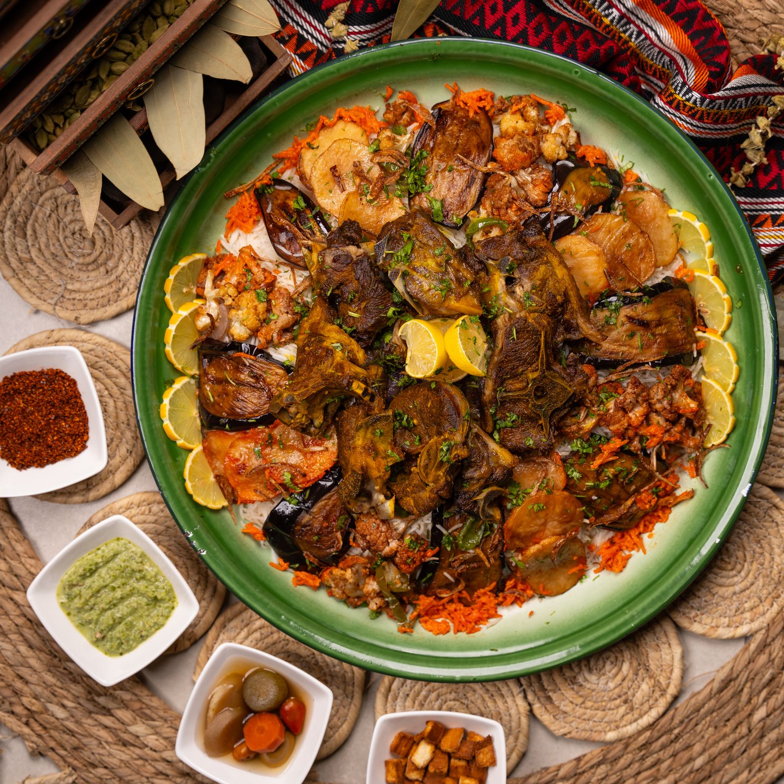 Pandangan atas pinggan besar daging kambing di atas nasi dengan terung goreng, hirisan lemon dan kuah sampingan